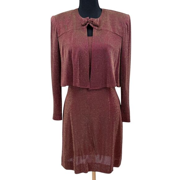 Vintage Julian Wilder Burgundy Gold Acetate Blend Dress‎ & Jacket Size 8 - Picture 1 of 14